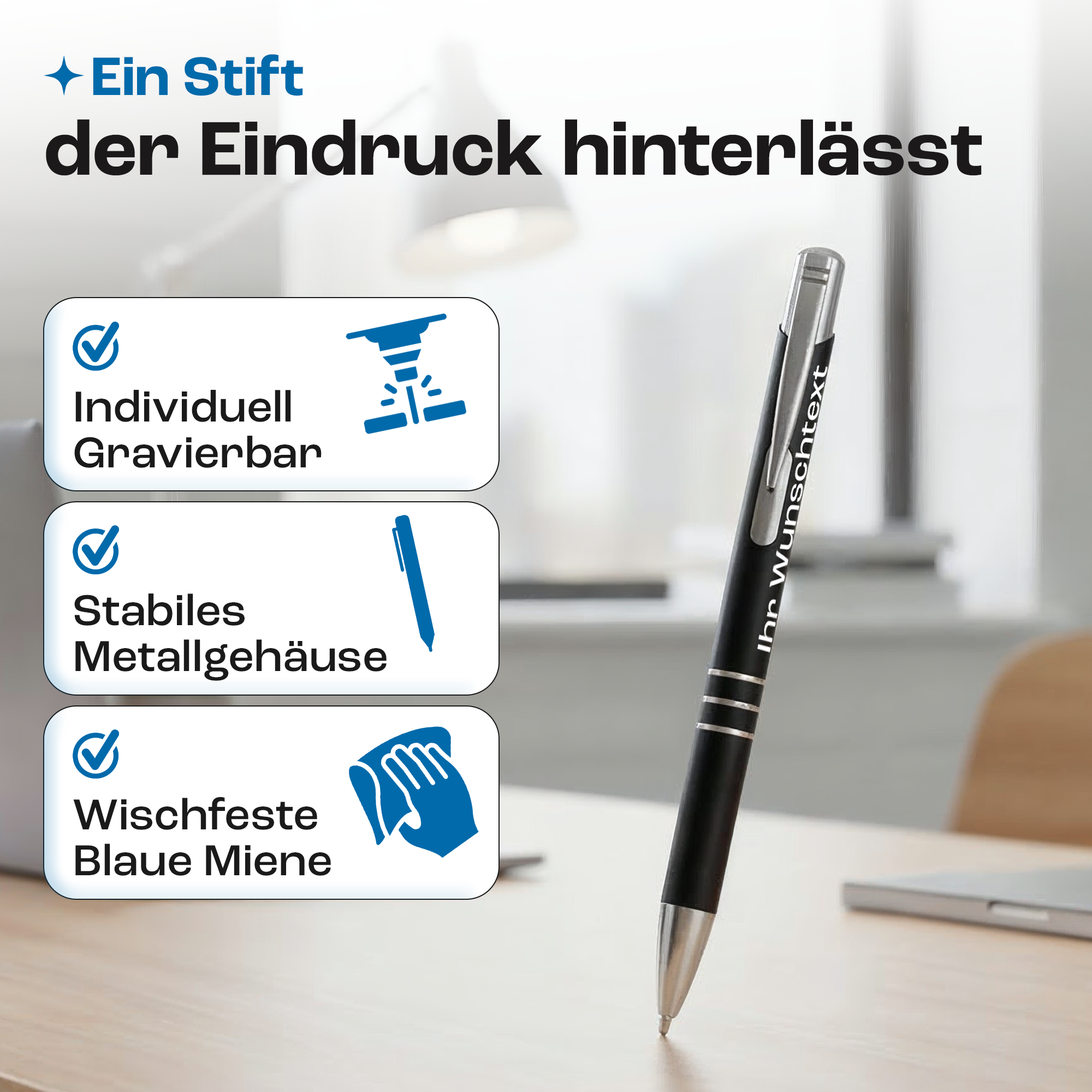 Werbekugelschreiber aus Metall mit Lasergravur Logo und Text